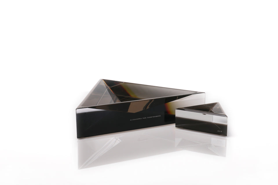Alexandra Von Furstenberg Triangle shaped Acrylic Delta dish in color bronze with small size next to it. 