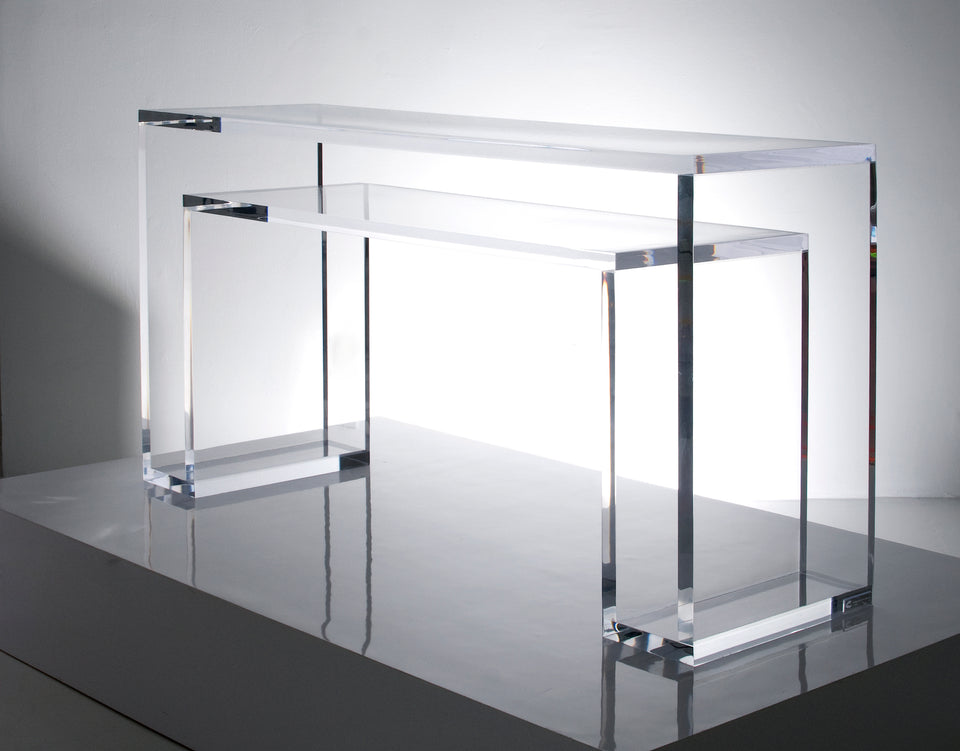Alexandra Von Furstenberg acrylic lucite desk or console table in clear transparent for home or office decor
