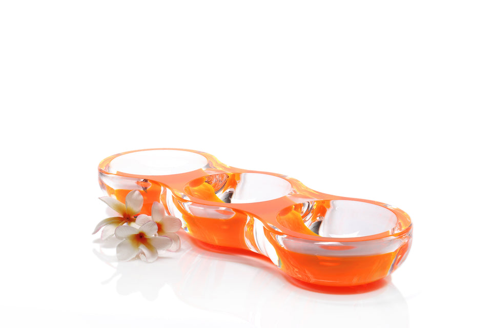 Alexandra Von Furstenberg Acrylic Lucite Triple Snack Dish bowl in Orange color with flower
