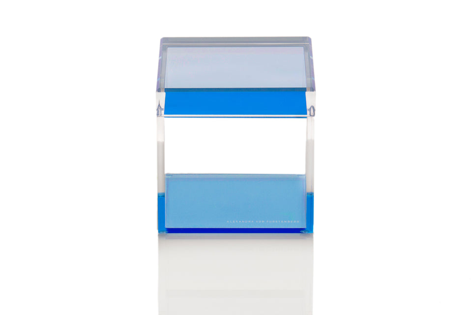Alexandra Von Furstenberg acrylic cube treasure box in lagoon for desktop storage holder