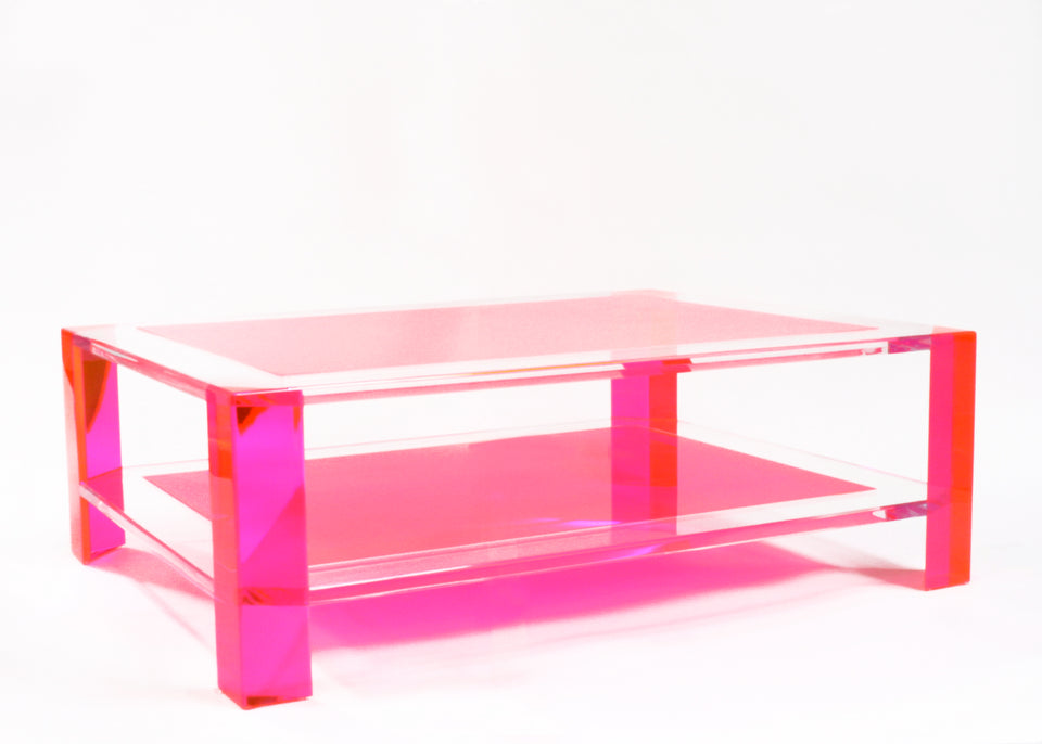 Alexandra Von Furstenberg acrylic lucite pink coffee table in showroom