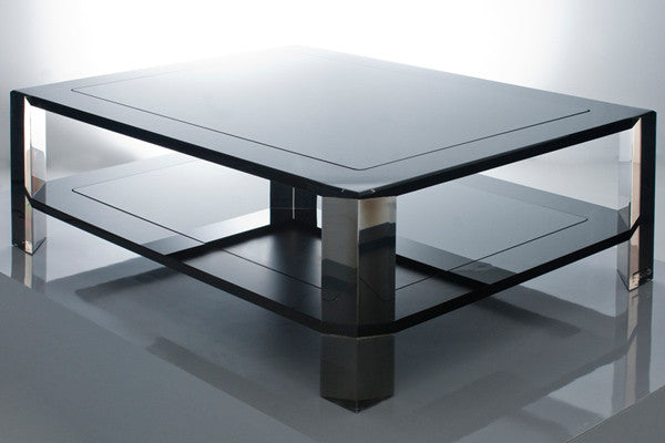 Alexandra Von Furstenberg black acrylic lucite coffee table in showroom
