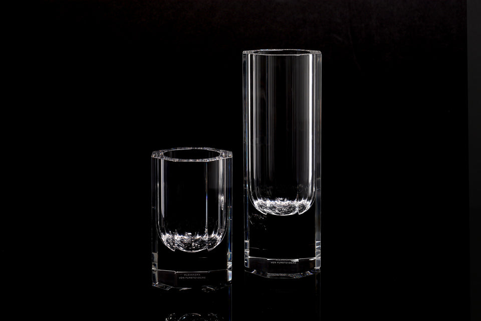 Alexandra Von Furstenberg Acrylic Bolt hexagon bud vases in clear shown in two sizes. 
