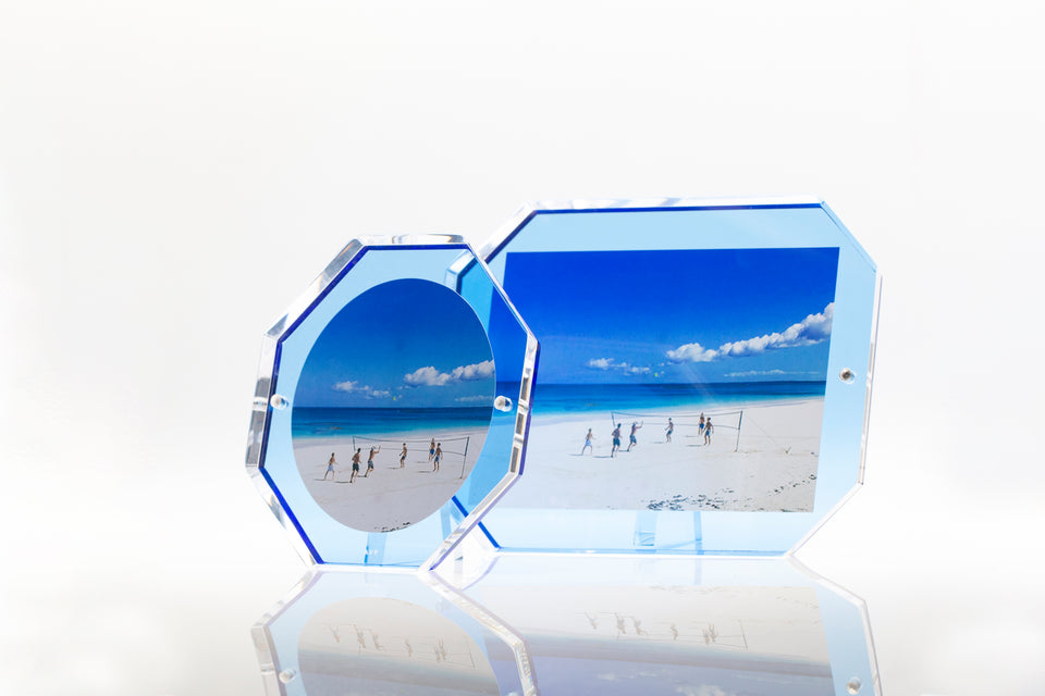 Alexandra Von Furstenberg Acrylic Bolt Hexagon Snap Picture Frame in lagoon for home or office decor showing 5x5 and 5x7 frame sizes