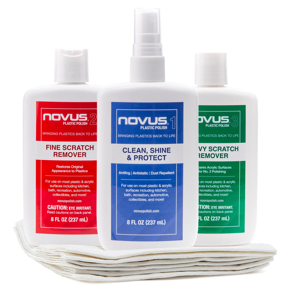 Three bottles of cleaning product. Novus cleaning product for acrylic maintenance. 