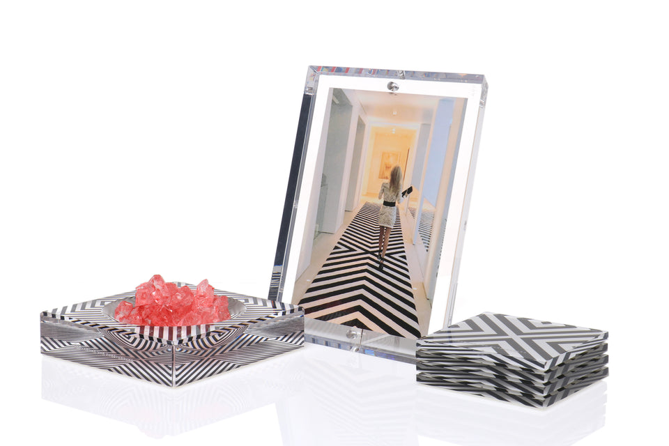 X-Print acrylic picture frame, candy bowl, and coaster set. Set against a white background. 