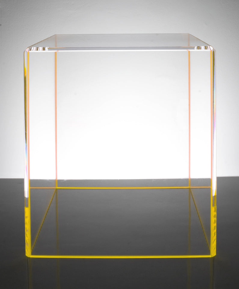 Alexandra Von Furstenberg Acrylic Cube Side Table in yellow accented Lucite