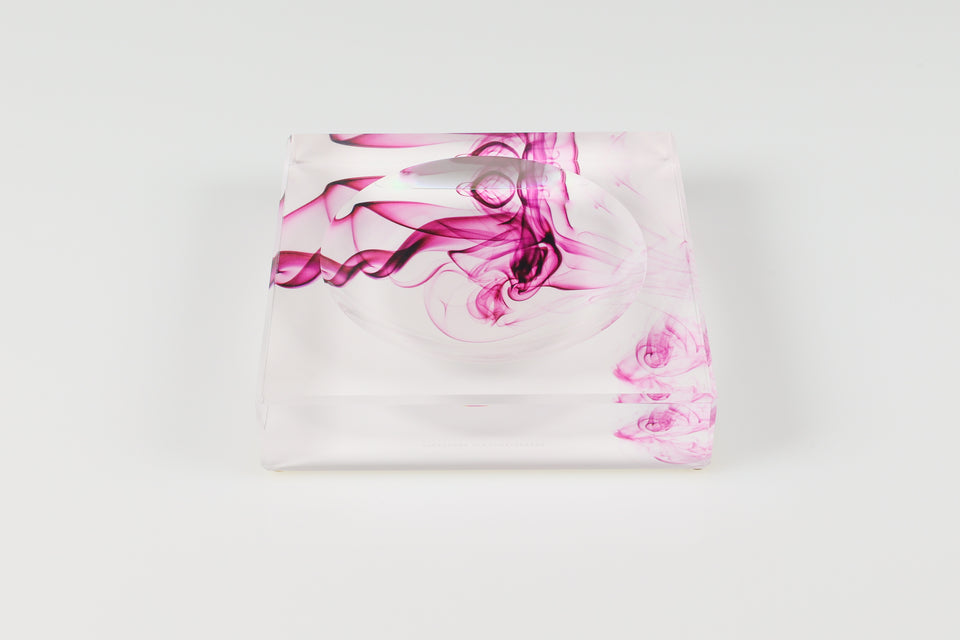 Magenta smoke acrylic candy bowl large. top down view of purple and white smoke pattern on a white background. 