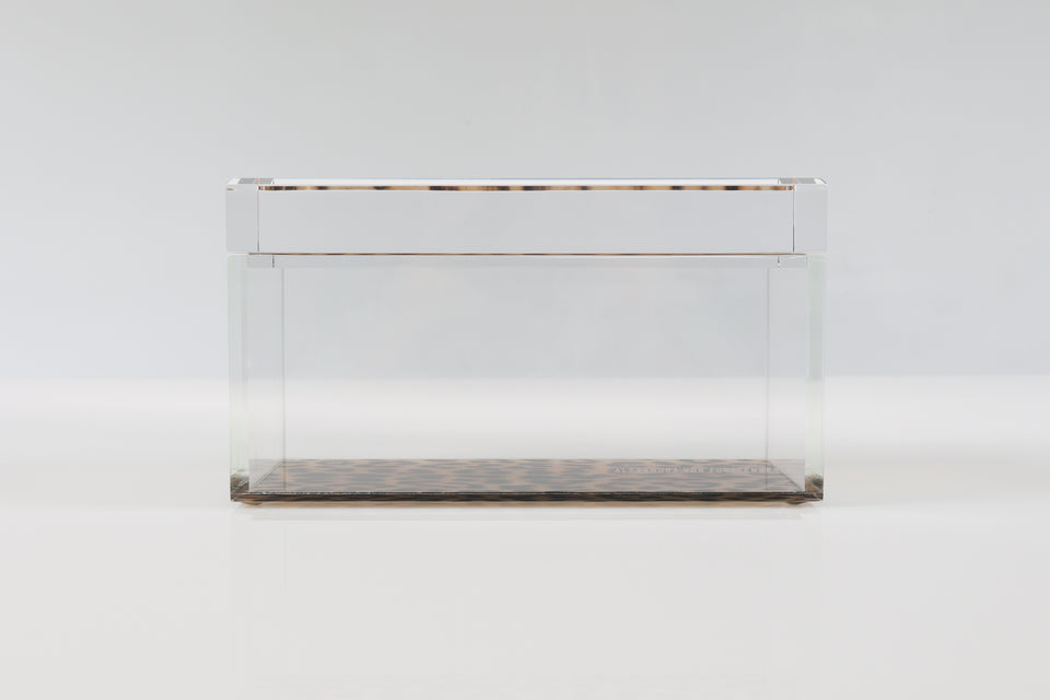 Leopard print box on a white background. clear sides of the box. looking at the front face of the box