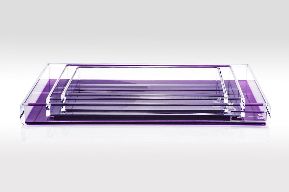 Alexandra Von Furstenberg Acrylic decorative trays in Amethyst showing all available sizes.