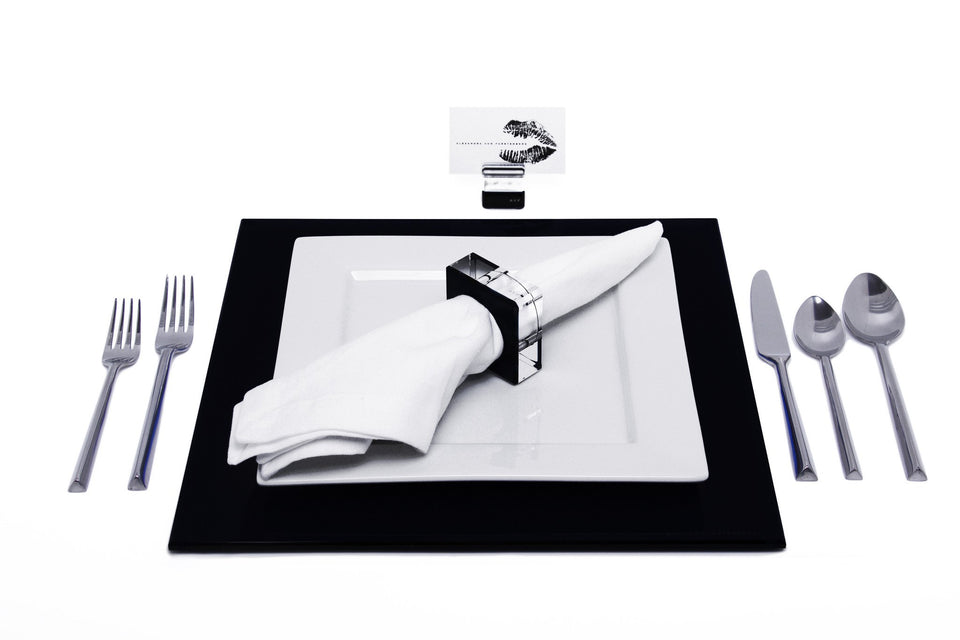 Alexandra Von Furstenberg Acrylic Square Placemat set in Black with table setting including acrylic napkin ring and acrylic place card holder