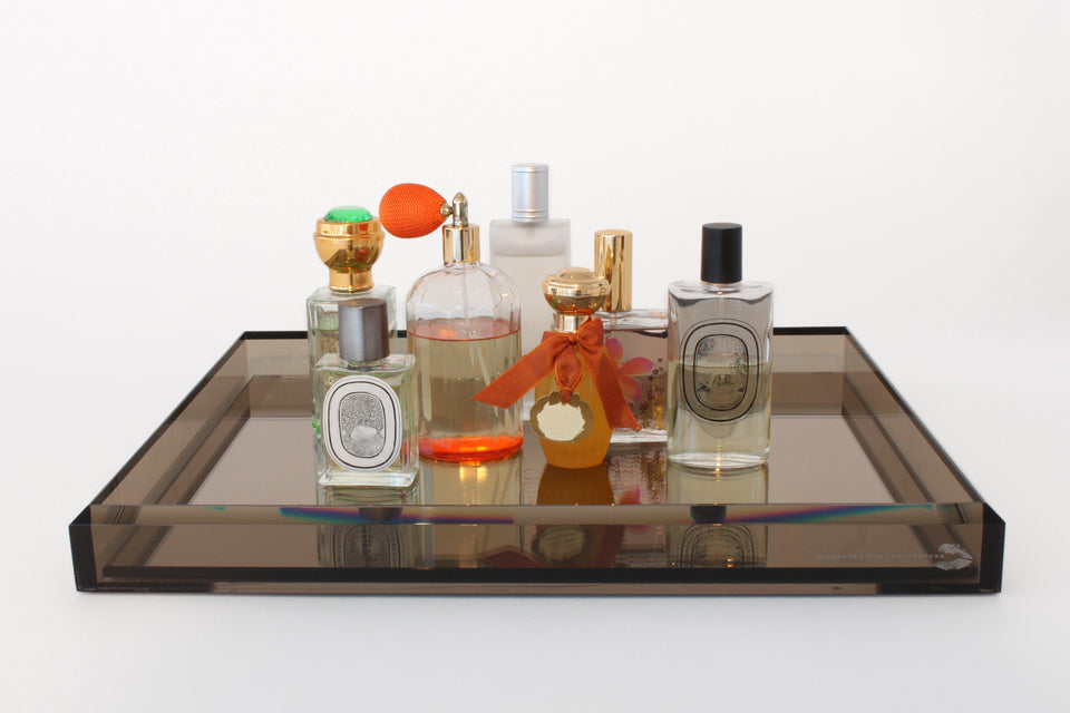Alexander Von Furstenberg Vanity Mirror Acrylic Tray in Bronze with perfume bottles on tray