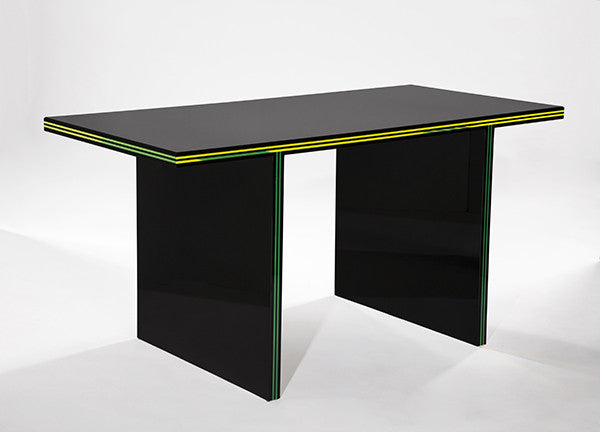 Alexandra Von Furstenberg Solid Black with yellow accent Acrylic Lucite Desk at a side angle