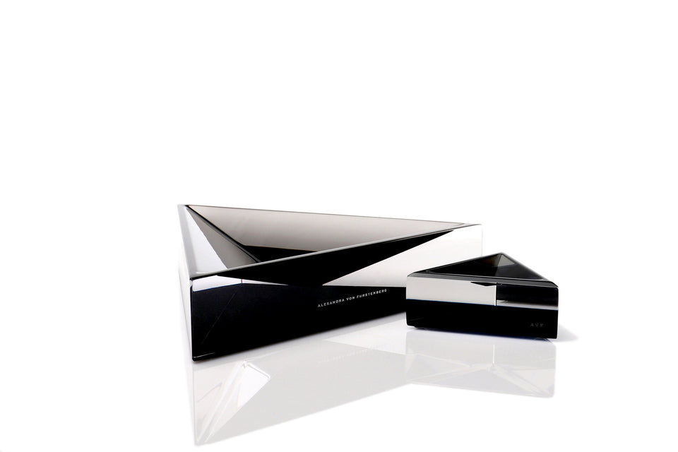 Alexandra Von Furstenberg Triangle shaped Acrylic Delta dish in color black with small size next to it. 