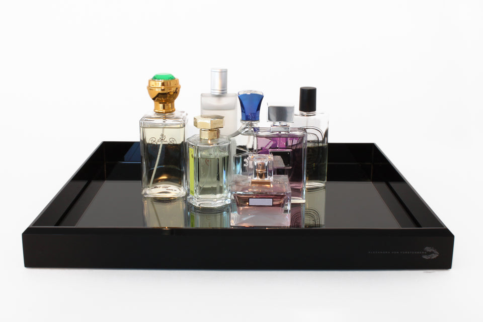 Alexander Von Furstenberg Vanity Mirror Acrylic Tray in Black with perfume bottles on tray
