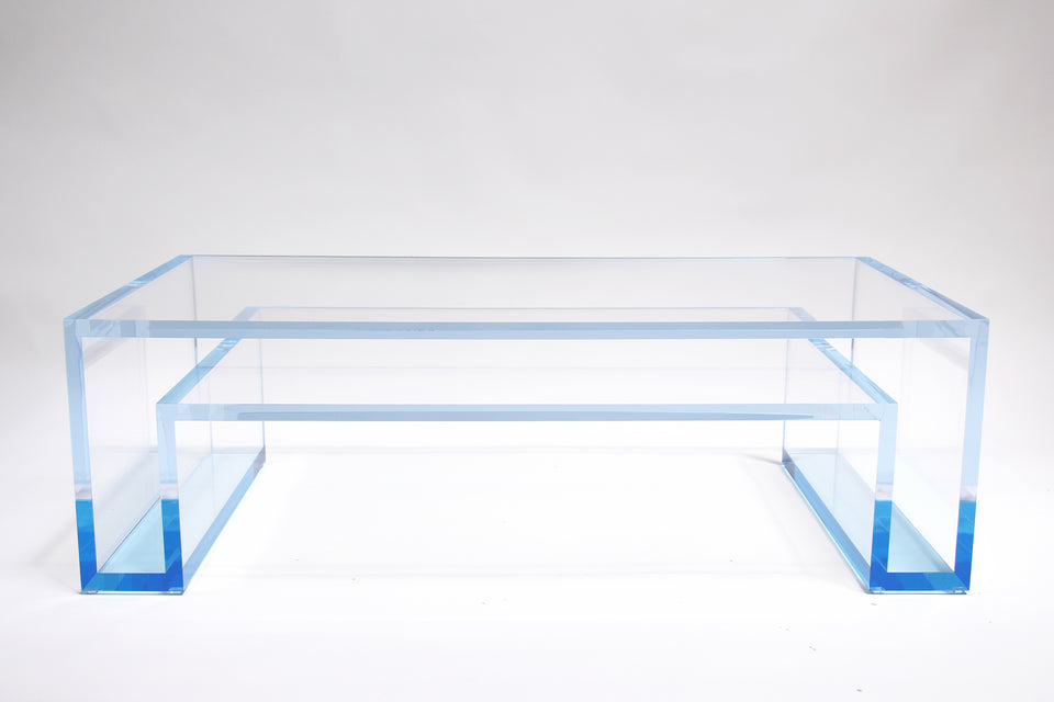 Alexandra Von Furstenberg Large Custom Acrylic Lucite Rectangle Coffee table with blue accent