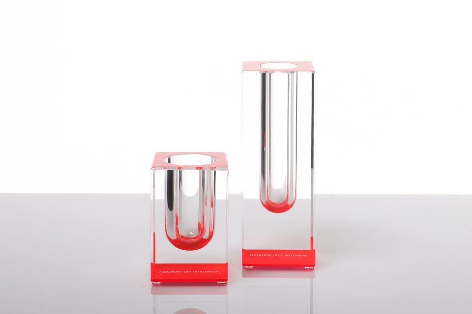 Alexandra Von Furstenberg Acrylic Cylinder Vase with Red  accent