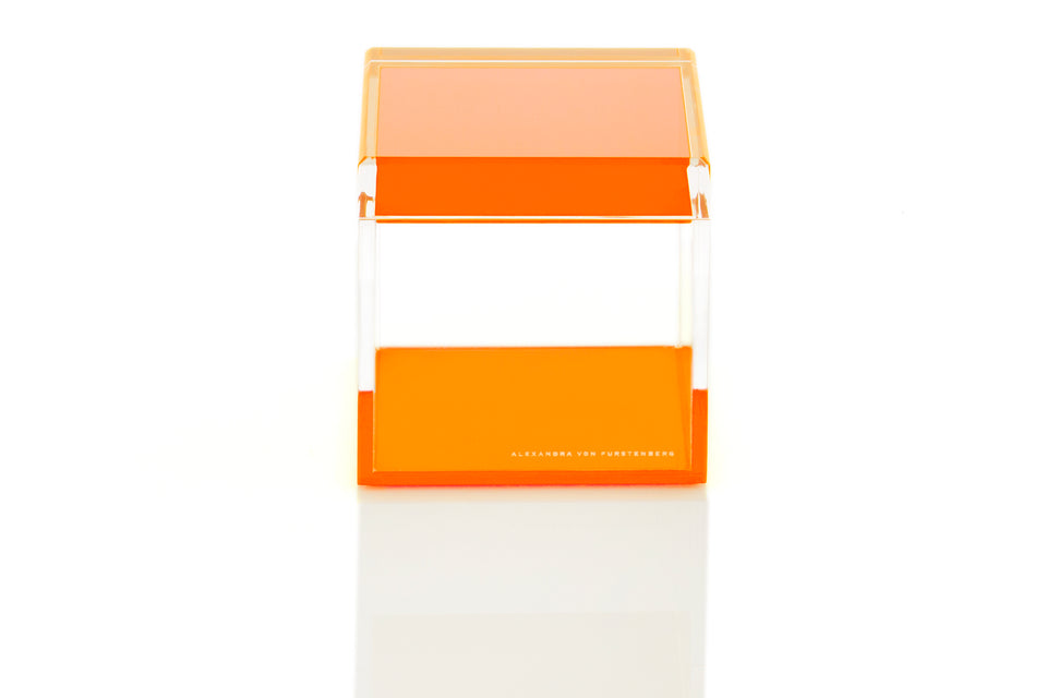 Alexandra Von Furstenberg acrylic cube treasure box in orange for desktop storage holder