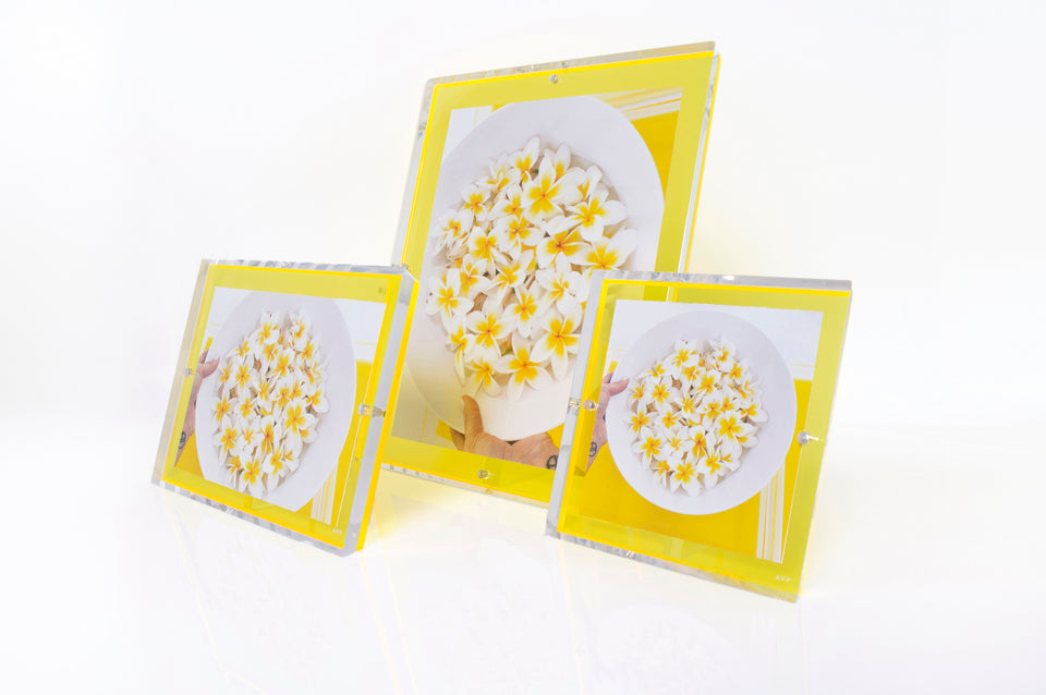 Alexandra Von Furstenberg Acrylic Snap Picture Frame in Yellow for home or office decor show 3 sizes in Portrait and Landscape position