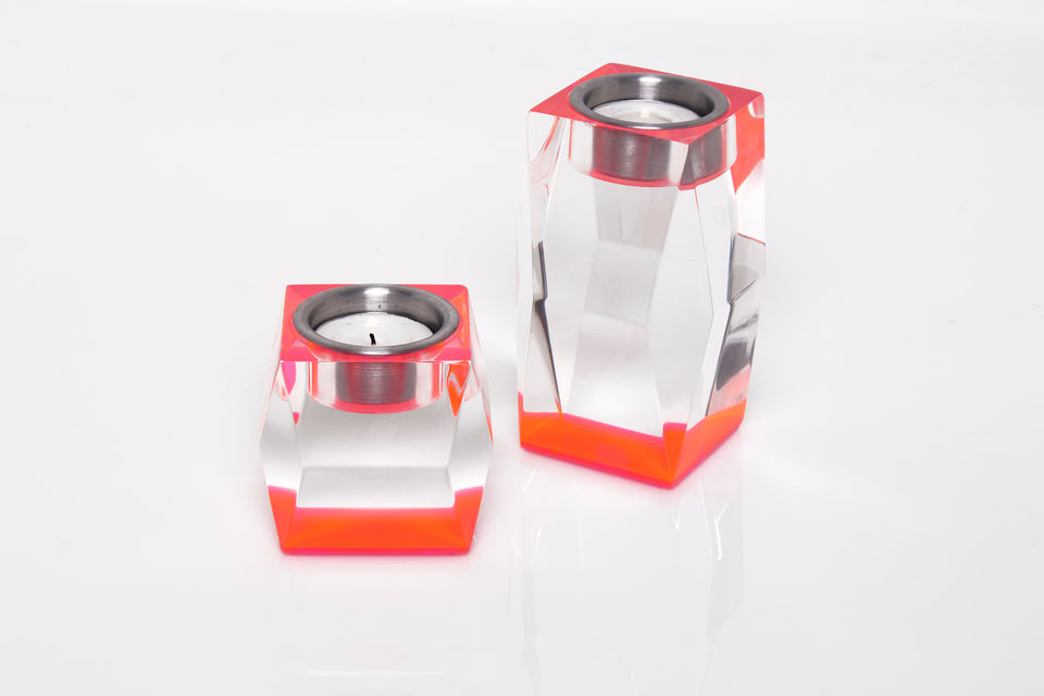 Alexandra Von Furstenberg Acrylic Lucite Votive Tea Light Candleholders in Pink, short and tall. Clear with pink base. 