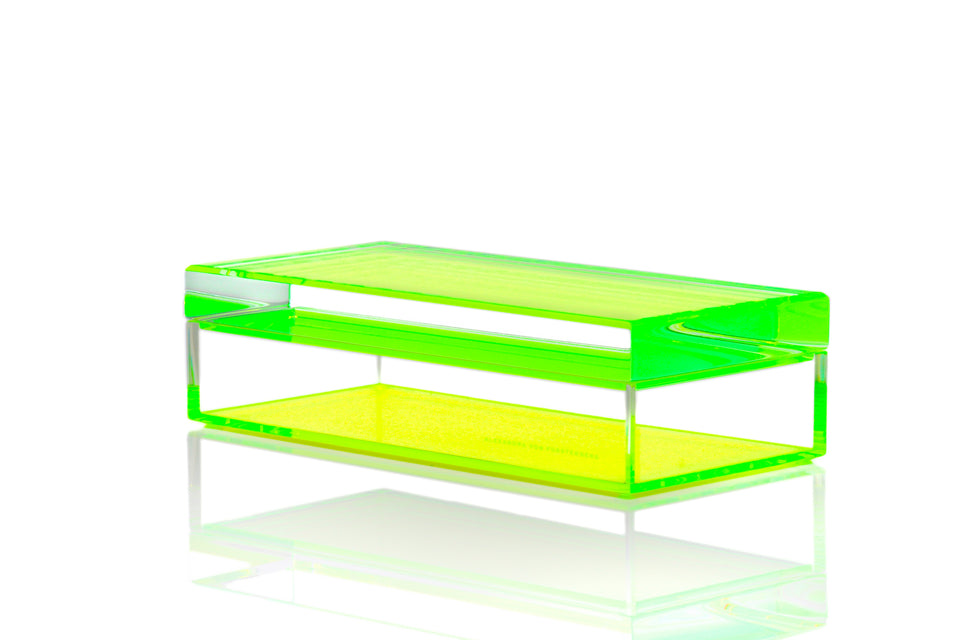 Alexandra Von Furstenberg acrylic neon green short rectangle treasure box desktop storage container.