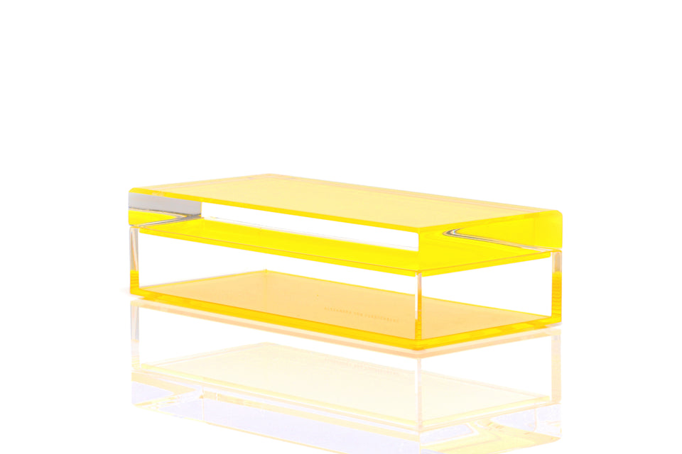 Alexandra Von Furstenberg acrylic yellow short rectangle treasure box desktop storage container.