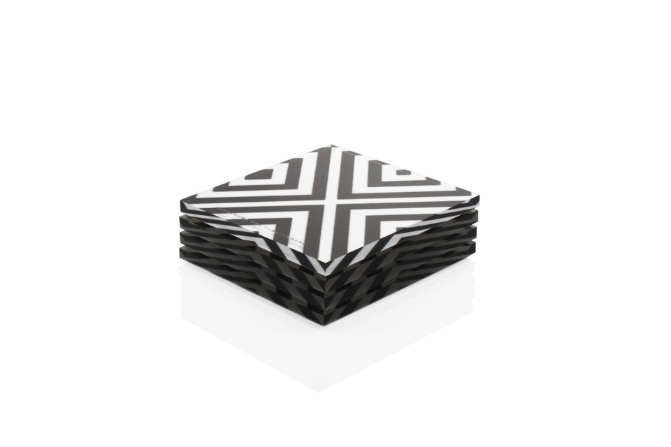 Alexandra Von Furstenberg Acrylic lucite drink coasters in X Prints stacked in a pile.