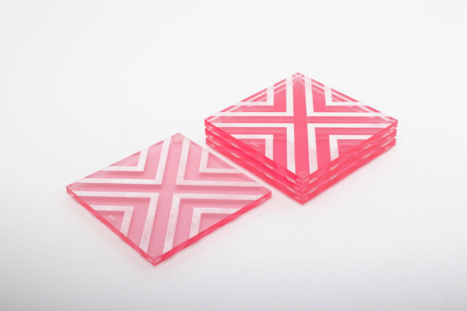 Alexandra Von Furstenberg Acrylic lucite square chevron drink coasters in rose stacked in a pile set of 4