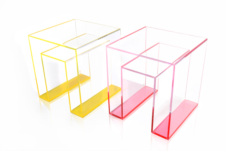 Alexandra Von Furstenberg Acrylic Lucite side tables end tables in color rose and yellow