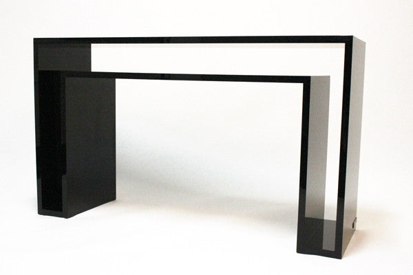 Alexandra Von Furstenberg Opaque Black Acrylic Console table desk luxury Lucite modern furniture at a sideways angle