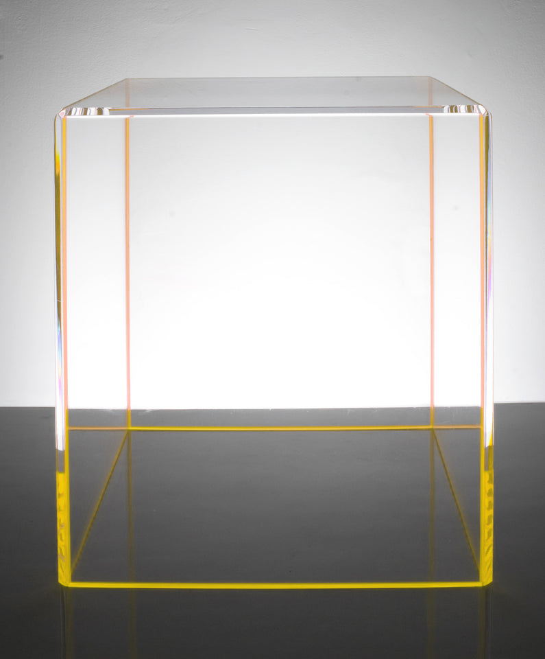 Alexandra Von Furstenberg Acrylic Cube Side Table in yellow accented Lucite