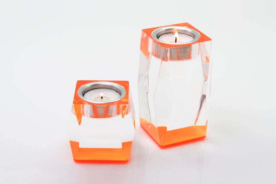 Alexandra Von Furstenberg Acrylic Lucite Votive Tea Light Candleholders in orange.